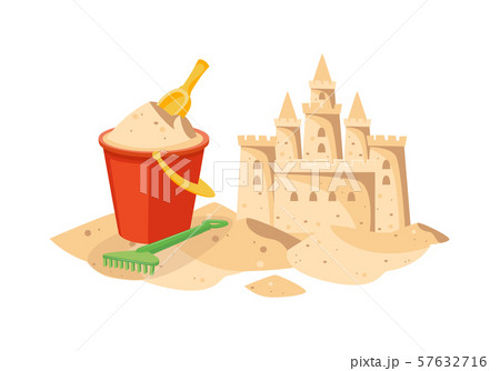 Cartoon Beach Sandcastle And Red Plastic Bucket のイラスト素材