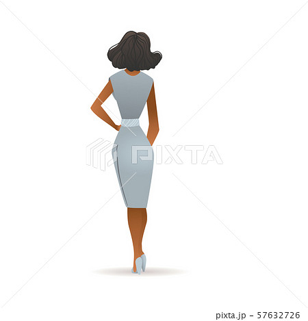 Beautiful woman in grey dress seen from back view - cartoon girl with dark skin 57632726