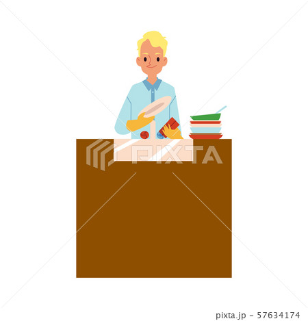 Man washing dishes in the kitchen, cartoon character doing domestic chores 57634174