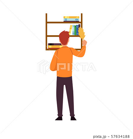 Man cleaning up dust from book shelves, cleaner dusting bookshelf on the wall Man cleaning up dust from book shelves, cleaner dusting bookshelf on the wall 57634188