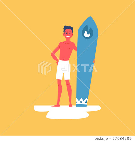 Man or boy in shorts with surfboard flat cartoon vector illustration isolated. Man or boy in shorts with surfboard flat cartoon vector illustration isolated. 57634209