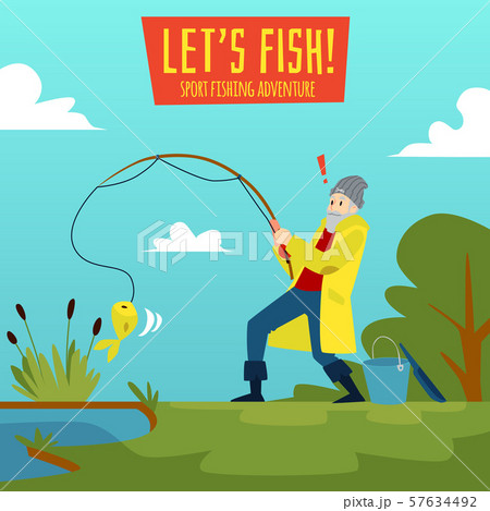 Fisherman on the background of lake or river landscape flat vector illustration. 57634492