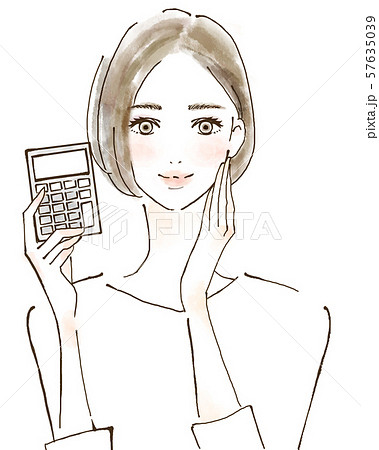 電卓を持つ女性 計算 家計簿 若い主婦 資産運用 株 証券のイラスト素材