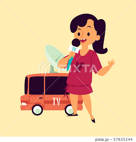 Girl tv reporter or journalist with microphone cartoon flat vector illustration. 57635244