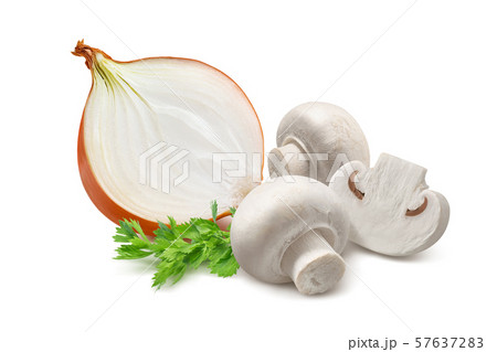 Onion half, mushrooms and herbs isolated on white Onion half, mushrooms and herbs isolated on white 57637283