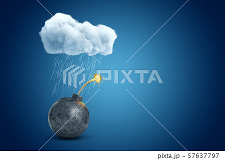 3d rendering of black ball bomb under raining cloud on blue gradient background with copy space. 3d rendering of black ball bomb under raining cloud on blue gradient background with copy space. 57637797