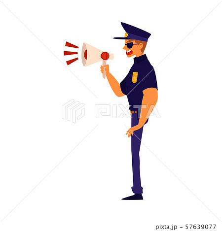 A policeman screams into a megaphone cartoon flat vector illustration isolated. A policeman screams into a megaphone cartoon flat vector illustration isolated. 57639077