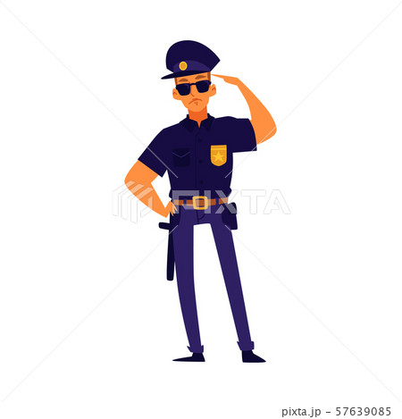 Cartoon policeman standing in salute pose, police officer character wearing blue uniform 57639085