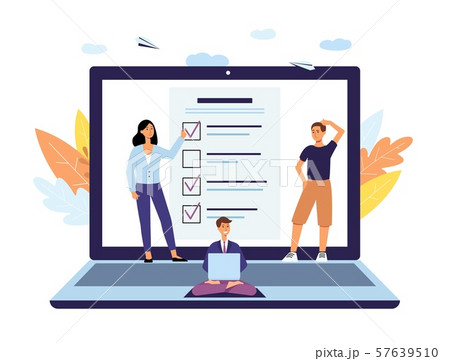 Online survey, poll and checklist form concept with questionnaire, people and laptop. 57639510
