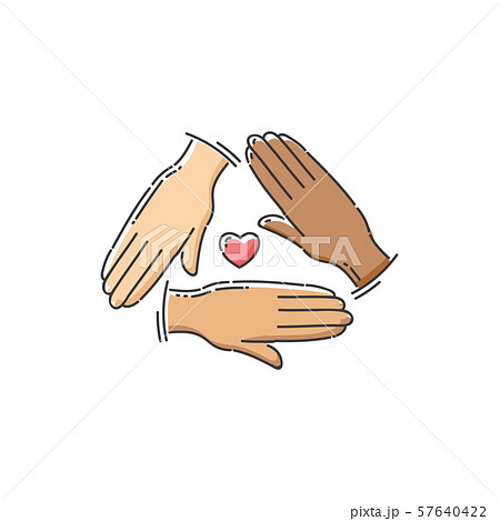 Community help charity icon - three hands with different skin color forming a triangle with heart 57640422