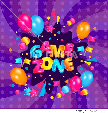 Game zone banner for chilren play area, colorful label design with balloons, confetti explosion and 57640586