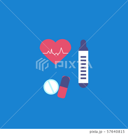 Medical concept, thermometer and tablet icons, pill and heart with pulse in flat style. Medical concept, thermometer and tablet icons, pill and heart with pulse in flat style. 57640815