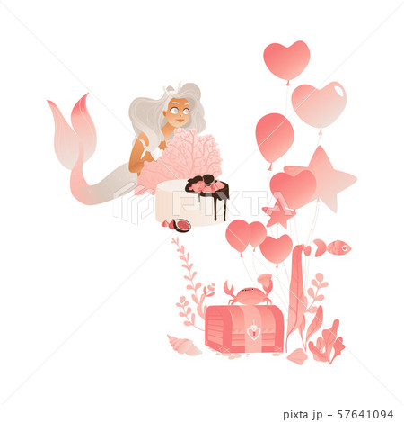 Beautiful mermaid with pink balloons vector Illustration for t shirts and fabrics. 57641094