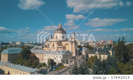Aerial view of St. Jura St. George's Cathedral church in town Lviv, Ukraine 57642014