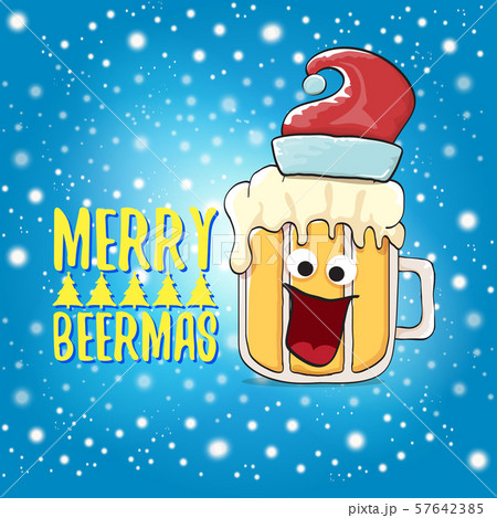 Merry beermas vector christmas greeting card with beer glass cartoon character and red santa hat 57642385