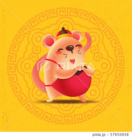 Chinese New Year 2020. Cartoon cute rat with traditional oriental ornament pattern on yellow background. Year of the rat. - vector 57650938