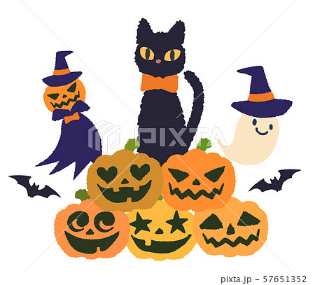 ハロウィン 黒猫 ジャックオランタン お化けのイラスト素材