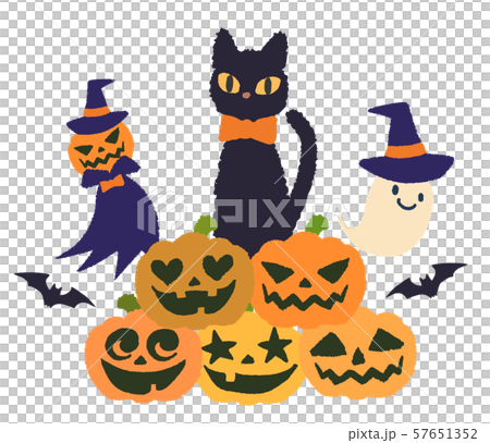 ハロウィン 黒猫 ジャックオランタン お化けのイラスト素材 [57651352