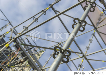 Metal girder extensive scaffolding providing platforms for stage structure support 57653803