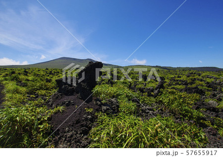 岩石が転がる登山道から見る三原山 57655917