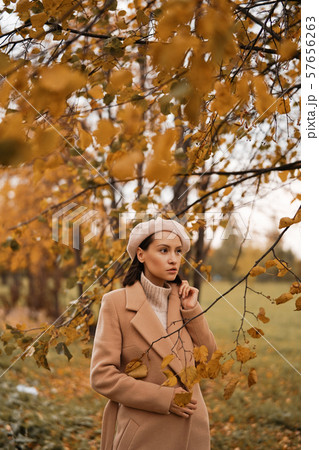 Beautiful lady surrounded autumn leaves 57656263