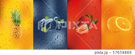 Fresh juice, pineapple, orange, strawberry, blueberry. Cocktail with fruits. Drink. 3D fresh fruits 57658869