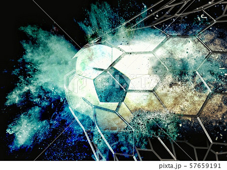 ゴールネットに突き刺さるサッカーボールのイラスト素材