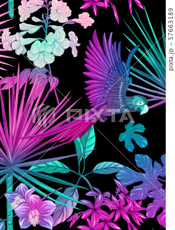 Background with tropical plants, flowers, birds Background with tropical plants, flowers, birds 57663189