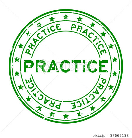 Grunge green practice word with star icon round stamp 57665158