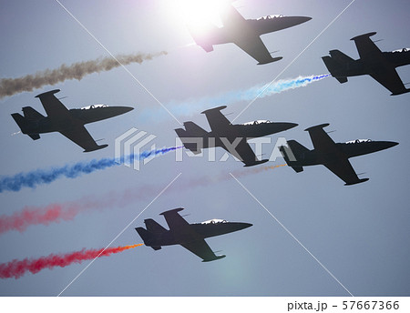 Flight of the aerobatic group "Rus" in the sky Flight of the aerobatic group "Rus" in the sky 57667366