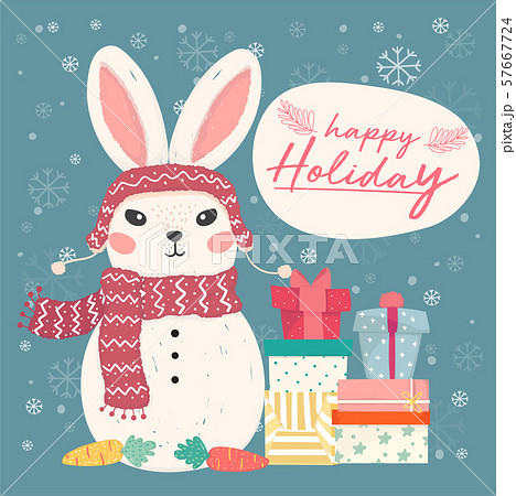 cute flat vector bunny snowman with pile of gift cute flat vector bunny snowman with pile of gift 57667724