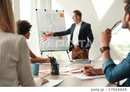 Analyzing results. Mature businessman standing near whiteboard and explaining something to his 57668888