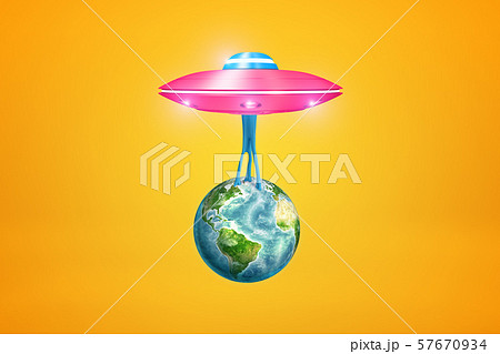 3d rendering of pink UFO carrying Earth which is hanging down on blue sticky slime below UFO on 57670934