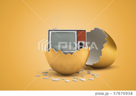 3d rendering of retro TV set that just hatched out from golden egg. 3d rendering of retro TV set that just hatched out from golden egg. 57670938
