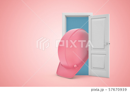 3d rendering of huge pink hard hat emerging from white door on pink gradient copy space background. 3d rendering of huge pink hard hat emerging from white door on pink gradient copy space background. 57670939