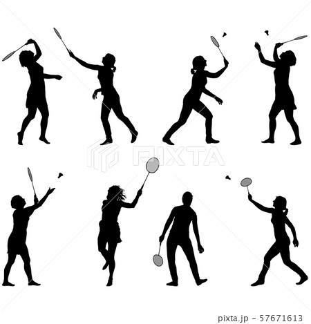 Black set silhouette of female badminton player on 57671613