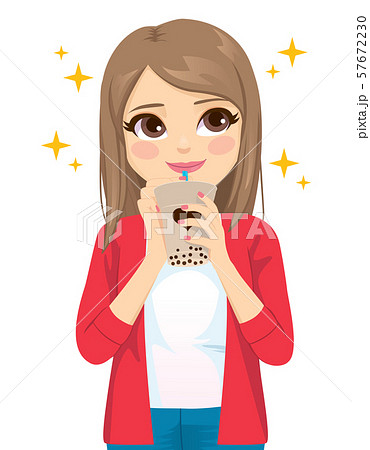 Beautiful young teenager woman looking up enjoying delicious tapioca bubble tea drink Beautiful young teenager woman looking up enjoying delicious tapioca bubble tea drink 57672230