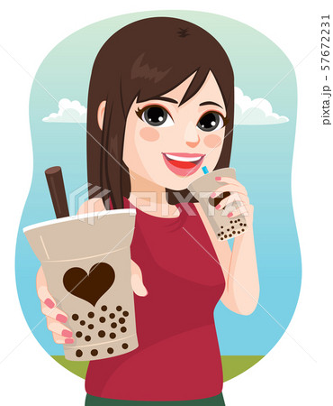 Beautiful young woman outdoors drinking delicious tapioca bubble tea offering you a drink Beautiful young woman outdoors drinking delicious tapioca bubble tea offering you a drink 57672231