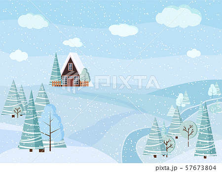 Winter snowy landscape nature scene with a frame house, fences, winter trees, spruces, clouds, river 57673804
