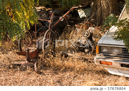 Detail of a car, engine, wheels and other abandoned parts in Maryhill 57676804