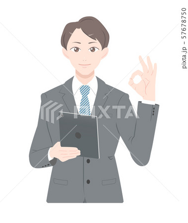 OK　ポーズ　タブレット　ビジネス　スーツ　男性　上半身 57678750