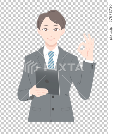 OK　ポーズ　タブレット　ビジネス　スーツ　男性　上半身 57678750