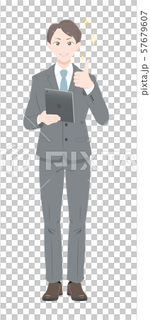 GOOD　ポーズ　タブレット　ドヤ顔　ビジネス　スーツ　男性　全身 57679607