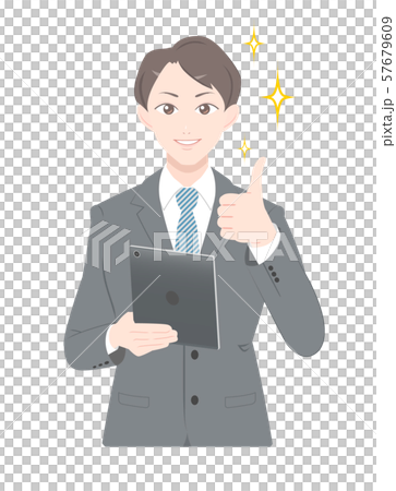 GOOD　ポーズ　タブレット　ドヤ顔　ビジネス　スーツ　男性　上半身 57679609
