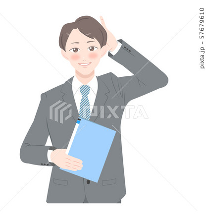 照れる　ポーズ　書類　ビジネス　スーツ　男性　上半身 57679610