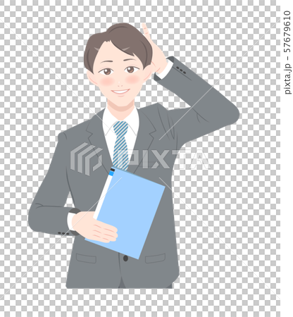 照れる　ポーズ　書類　ビジネス　スーツ　男性　上半身 57679610
