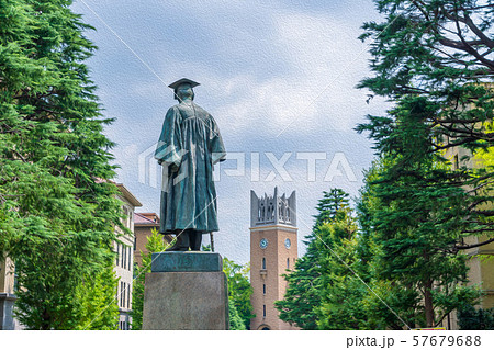 樹木に囲まれた銅像の風景のイラスト素材