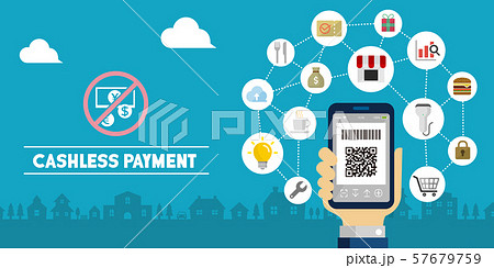 QRコード決済/キャッシュレス決済/バーコード決済/スマートフォン決済 イメージイラスト バナー QRコード決済/キャッシュレス決済/バーコード決済/スマートフォン決済 イメージイラスト バナー 57679759
