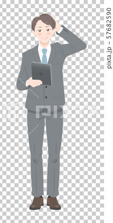 照れる ポーズ タブレット ビジネス スーツ 男性 全身のイラスト素材