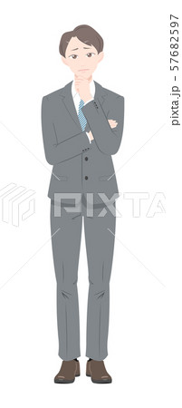 悩む　ポーズ　不安　ビジネス　スーツ　男性　全身 57682597